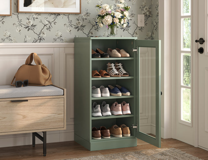 100% Solid Wood Narrow Glass Door Shoe Storage Cabinet with Adjustable Shelves, Space Saving Stackable Organizer, 16.5" W x 35.75" H