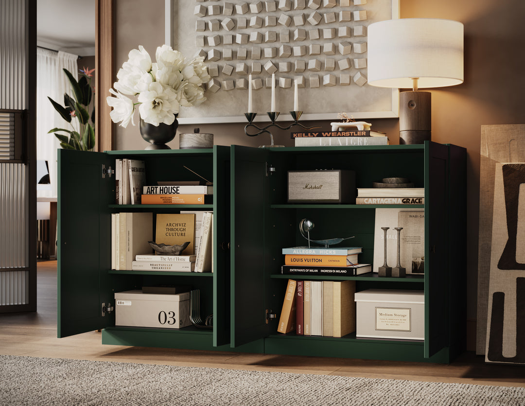 100% Solid Brazilian Pine Wood Sideboard, Shaker Doors, Adjustable Shelves, 64" Wide, 35.75" Tall