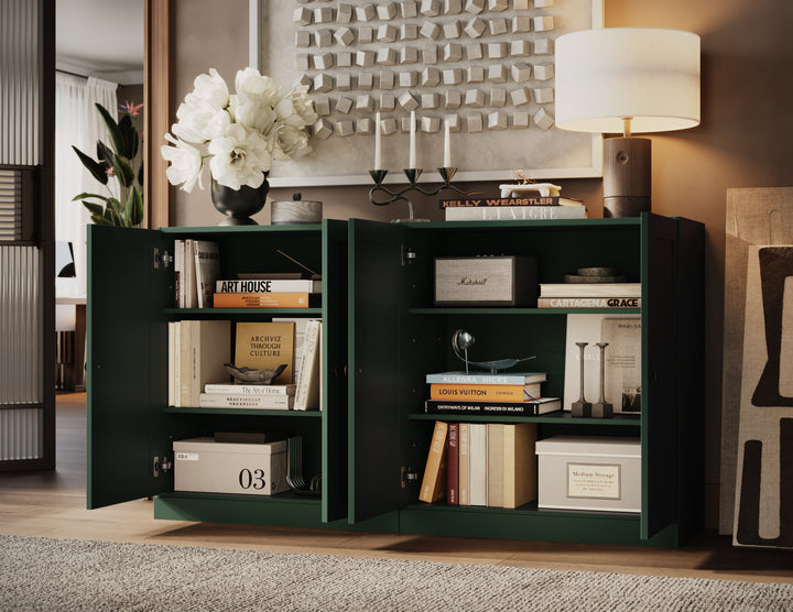 100% Solid Brazilian Pine Wood Sideboard, Shaker Doors, Adjustable Shelves, 64" Wide, 35.75" Tall