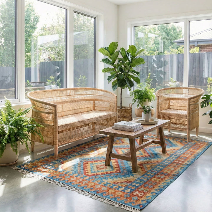100% Handwoven Natural Rattan 2-Piece Indoor Seating Set with Chair and 3-Seater Settee, Solid Wood Frame, Boho Farmhouse, Authentic African Craftsmanship