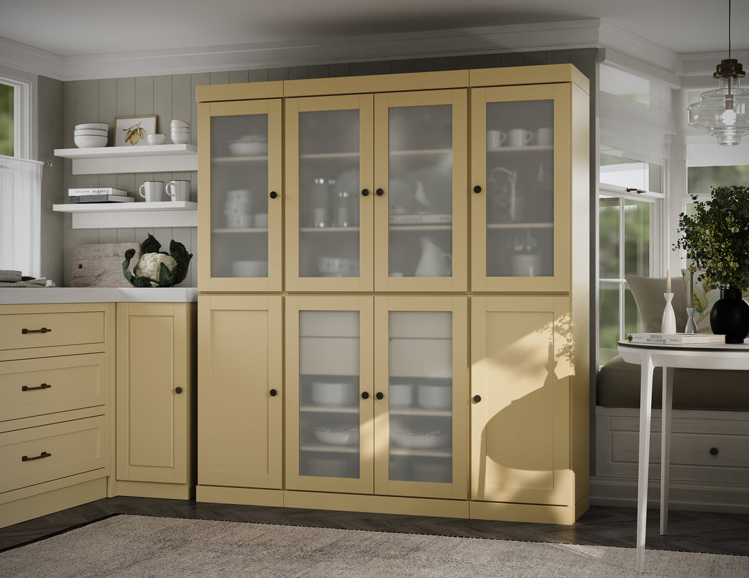 100% Solid Brazilian Pine Wood 65" Pantry Cabinet with Frosted Glass, Shaker Doors, 2-Drawers and Adjustable Shelves