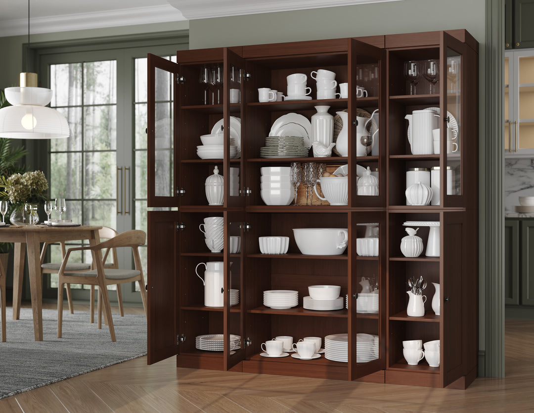 100% Solid Wood 65" China Pantry Cabinet, 6 Clear Glass, 2 Shaker Wood Doors