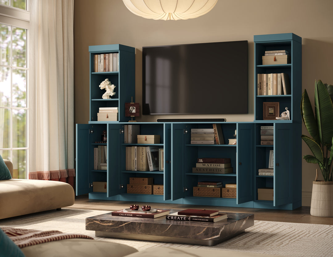 100% Solid Wood 6-Piece Entertainment Center Wall Unit with Storage, Open Cabinets & Shaker Doors, Adjustable Shelves, 97" W x 71.5" H
