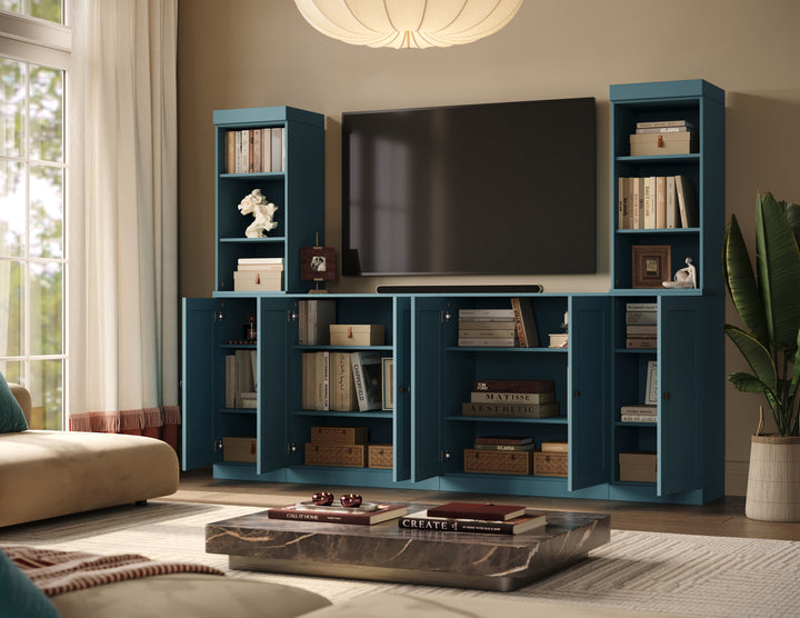 100% Solid Wood 6-Piece Entertainment Center Wall Unit with Storage, Open Cabinets & Shaker Doors, Adjustable Shelves, 97" W x 71.5" H