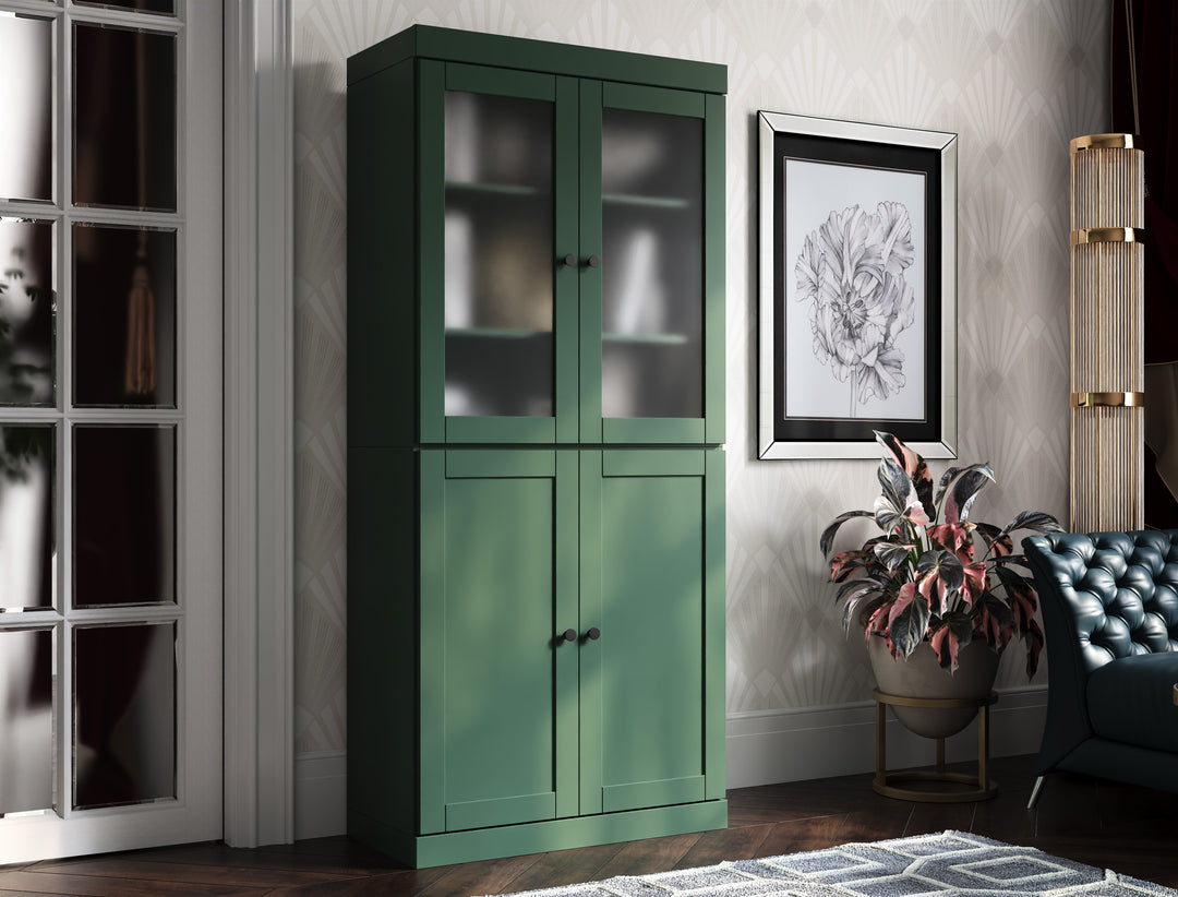 100% Solid Wood 6-Shelf 32" Bookcase, 2 Frosted Glass, 2 Shaker Wood Doors, Adjustable Shelves