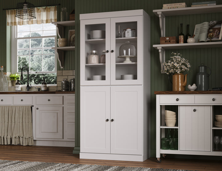 100% Solid Wood 32" Pantry Cabinet, 2 Clear Glass, 2 Shaker Wood Doors
