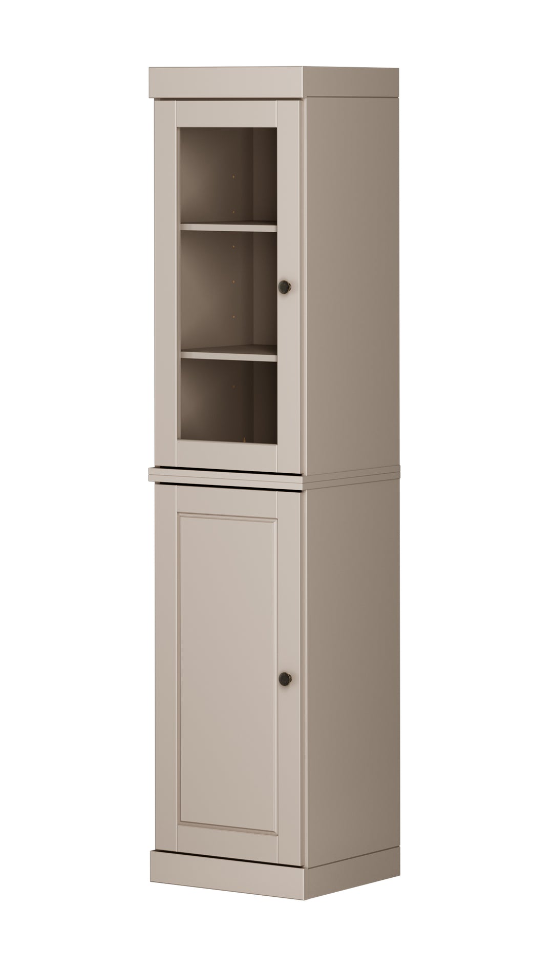 100% Solid Brazilian Pine Wood Pantry Cabinet, Raised Panel & Clear Glass Doors, Adjustable Shelves, 16.5" Wide, 71.5" Tall