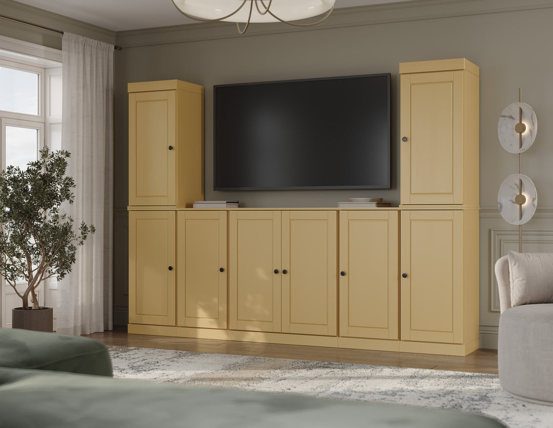 100% Solid Wood 7-Piece Entertainment Center Wall Unit with Storage, Raised Panel Doors, Adjustable Shelves, 98" W x 71.5" H