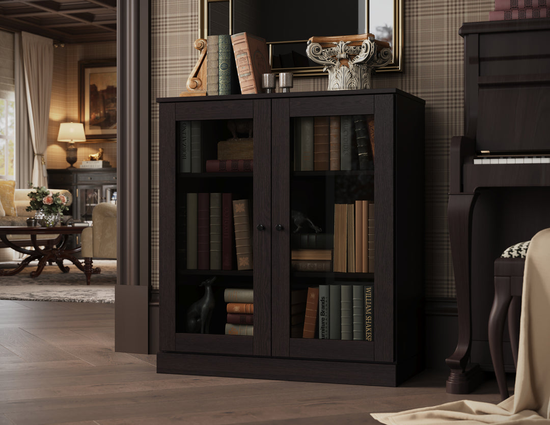 Premium 100% Solid European Oak Hardwood 3-Shelf Modular Bookcase with Tinted Glass Doors – 32" Wide, 35.75" Tall