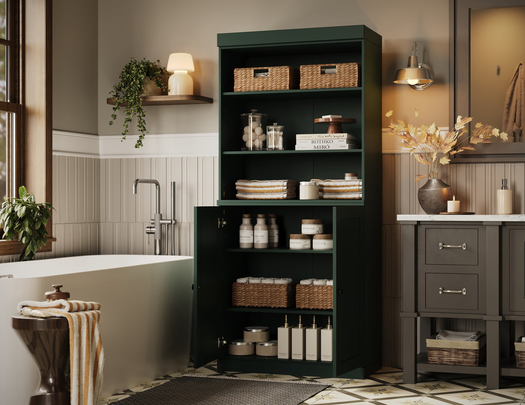 100% Solid Brazilian Pine Wood Bathroom Storage Cabinet, Raised Panel Doors, Adjustable Shelves, 32" Wide, 71.5" Tall