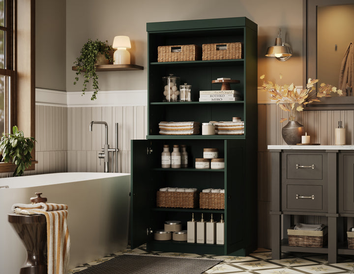 100% Solid Brazilian Pine Wood Bathroom Storage Cabinet, Raised Panel Doors, Adjustable Shelves, 32" Wide, 71.5" Tall