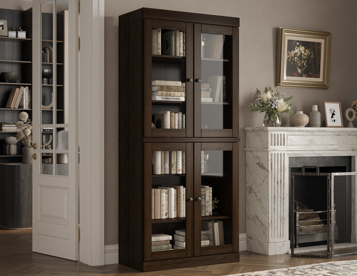 100% Solid Wood Tall Modular Bookcase Cabinet with Glass Doors, Storage Display Bookshelf with Adjustable Shelves, 32" W x 71.5" H