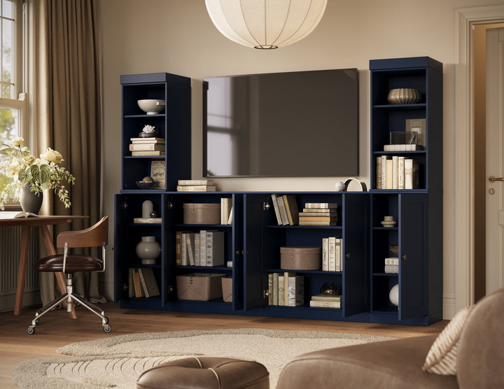 100% Solid Wood 6-Piece Entertainment Center Wall Unit with Storage, Open Cabinets & Shaker Doors, Adjustable Shelves, 97" W x 71.5" H