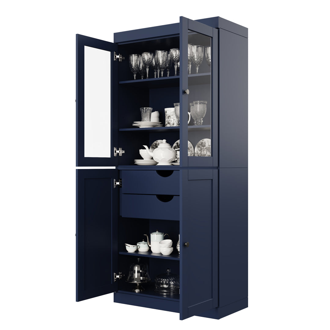 100% Solid Wood 32" Pantry Cabinet, 2 Clear Glass, 2 Shaker Doors, 2-Drawers