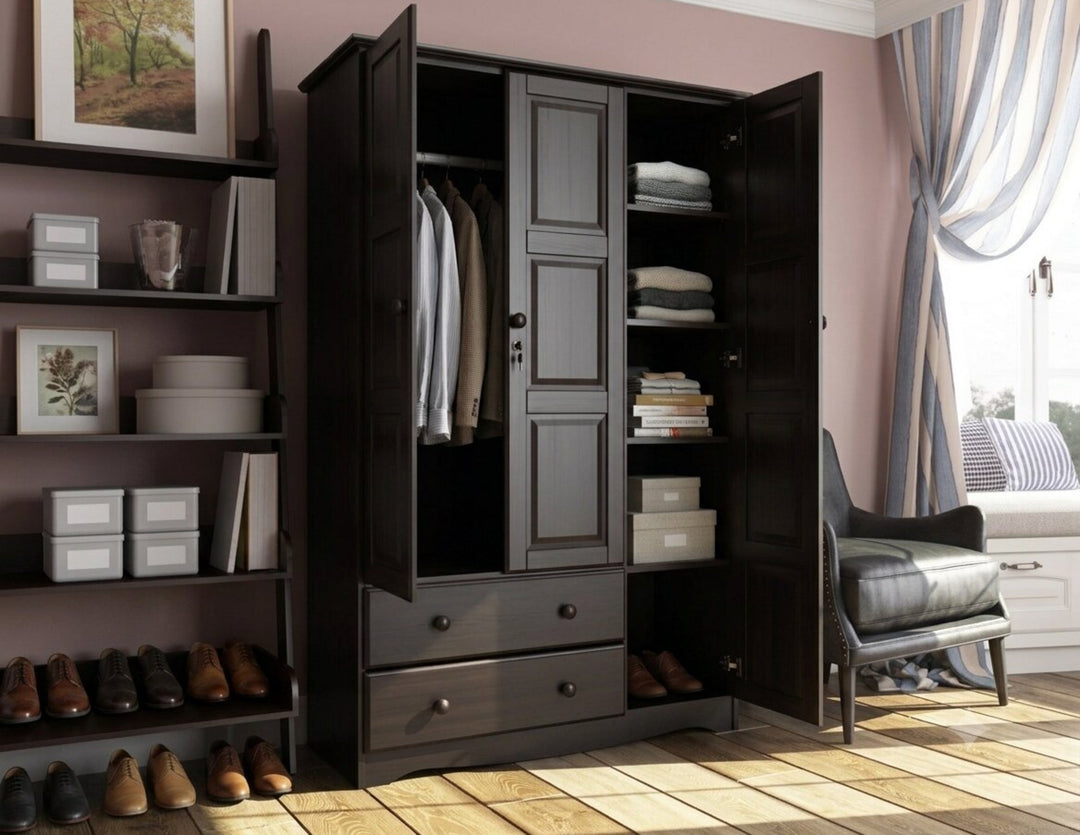 100% Solid Wood 3-Door Wardrobe Armoire with Raised Panel Doors, Bedroom Closet Storage - Grand Collection