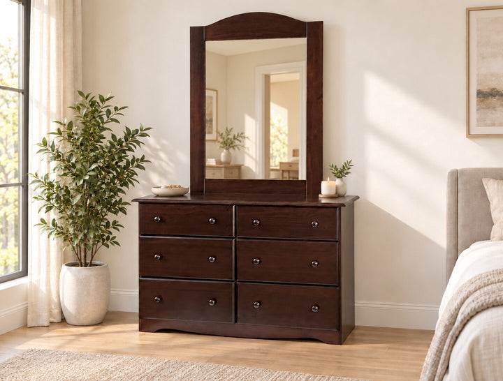 100% Solid Wood Double 6-Drawer Dresser with Mirror, Wide Bedroom Storage Chest