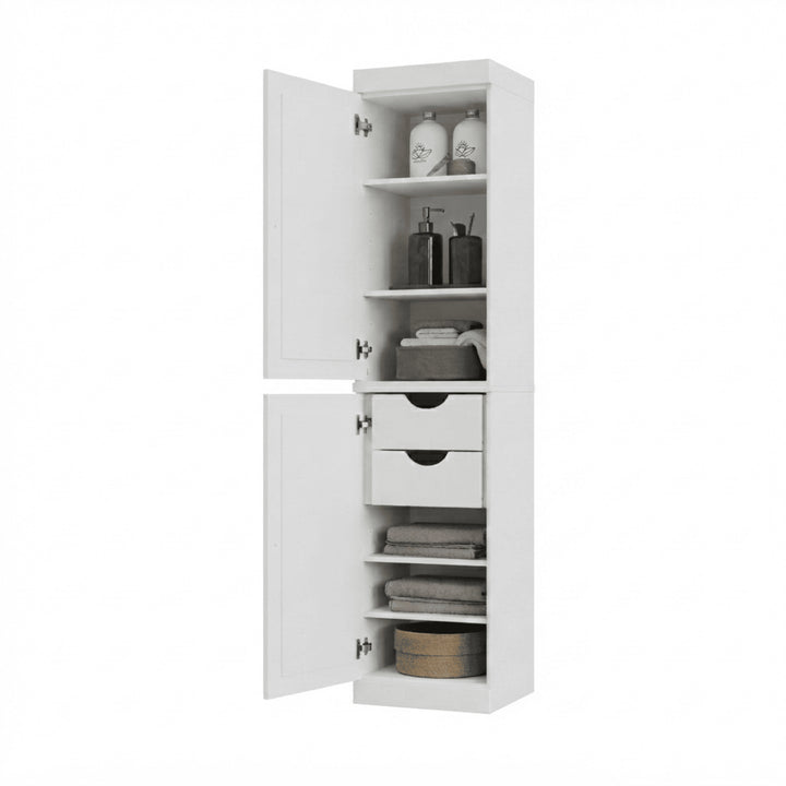 100% Solid Wood Bathroom Storage Cabinet, Raised Panel Doors, 2 Drawers, Adjustable Shelves, 16.5" Wide, 71.5" Tall