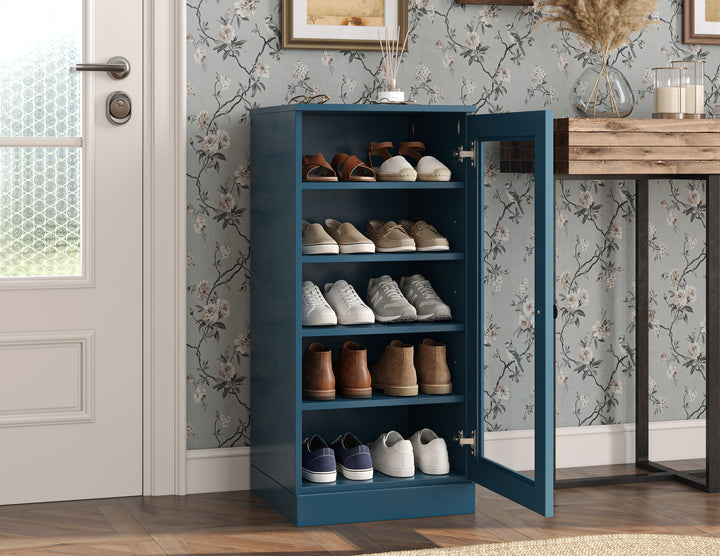 100% Solid Wood Narrow Glass Door Shoe Storage Cabinet with Adjustable Shelves, Space Saving Stackable Organizer, 16.5" W x 35.75" H