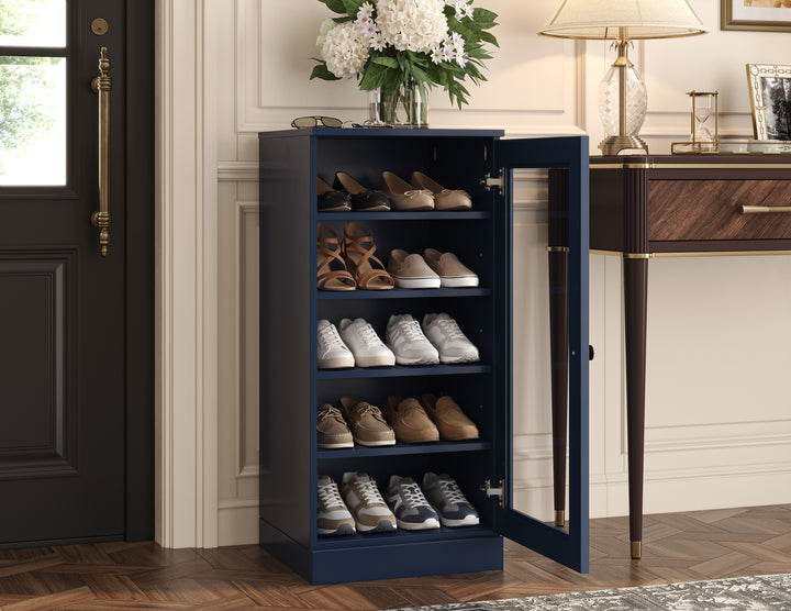 100% Solid Wood Narrow Glass Door Shoe Storage Cabinet with Adjustable Shelves, Space Saving Stackable Organizer, 16.5" W x 35.75" H