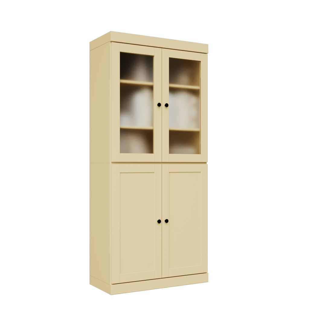 100% Solid Wood 6-Shelf 32" Bookcase, 2 Frosted Glass, 2 Shaker Wood Doors, Adjustable Shelves