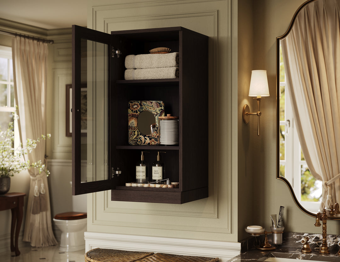 Premium 100% Solid European Oak Bathroom Wall Cabinet with Tinted Glass Doors, 16" W x 35.75" H