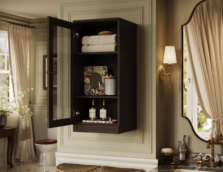 Premium 100% Solid European Oak Bathroom Wall Cabinet with Tinted Glass Doors, 16" W x 35.75" H