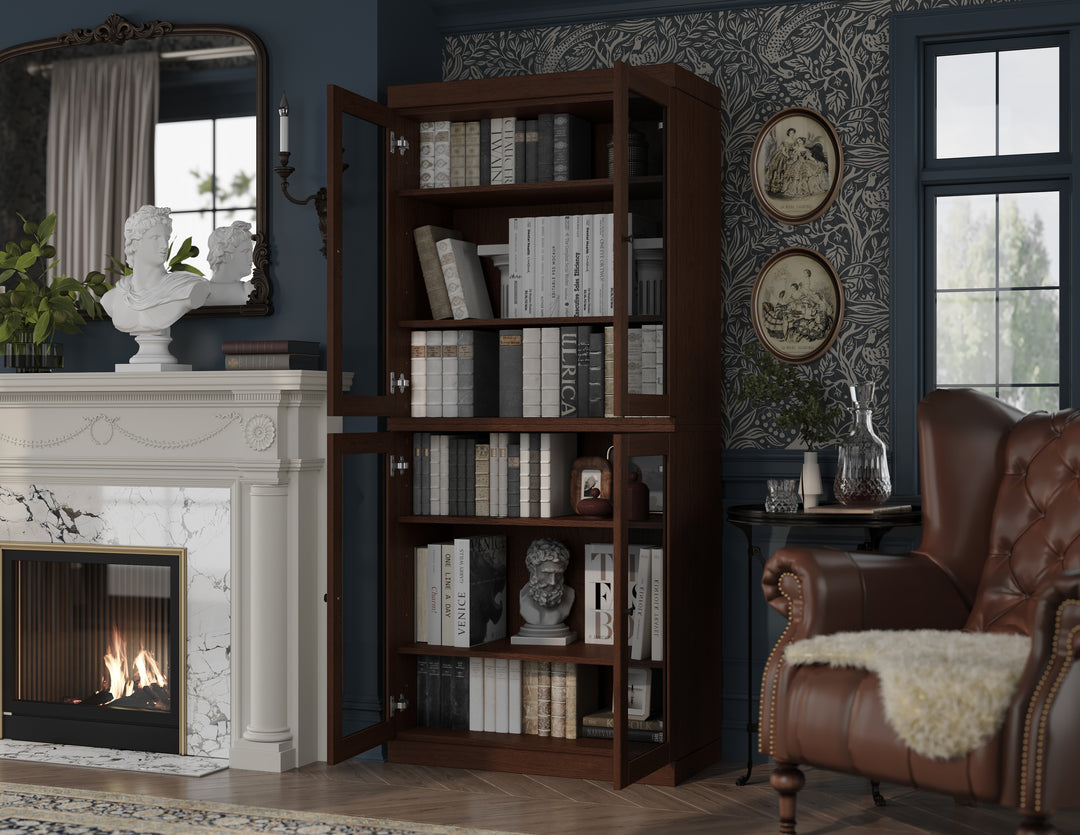 Premium 100% Solid European Oak Hardwood 6-Shelf Modular Bookcase with Tinted Glass Doors – 32" Wide, 71.5" Tall