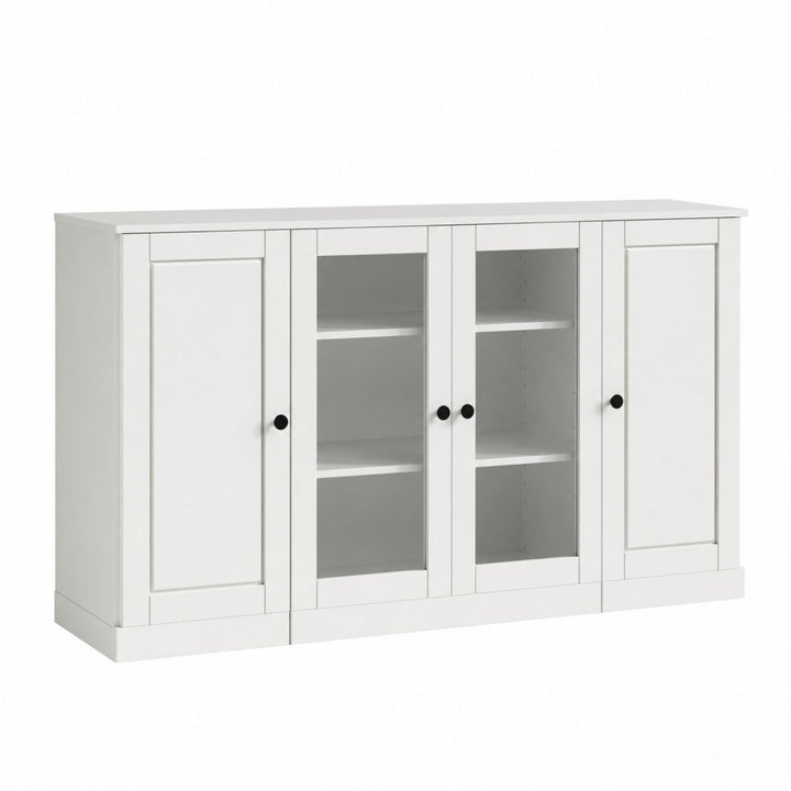 100% Solid Wood TV Stand with Raised Panel, Clear Glass Doors and Adjustable Shelves for TVs up to 65"