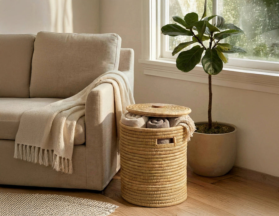 100% Handwoven Natural Rattan 17" Round Basket with Lid & Handles, Boho Farmhouse Decorative Laundry & Storage Organizer, Handcrafted – Authentic African Craftsmanship, Baskets - Palace Imports