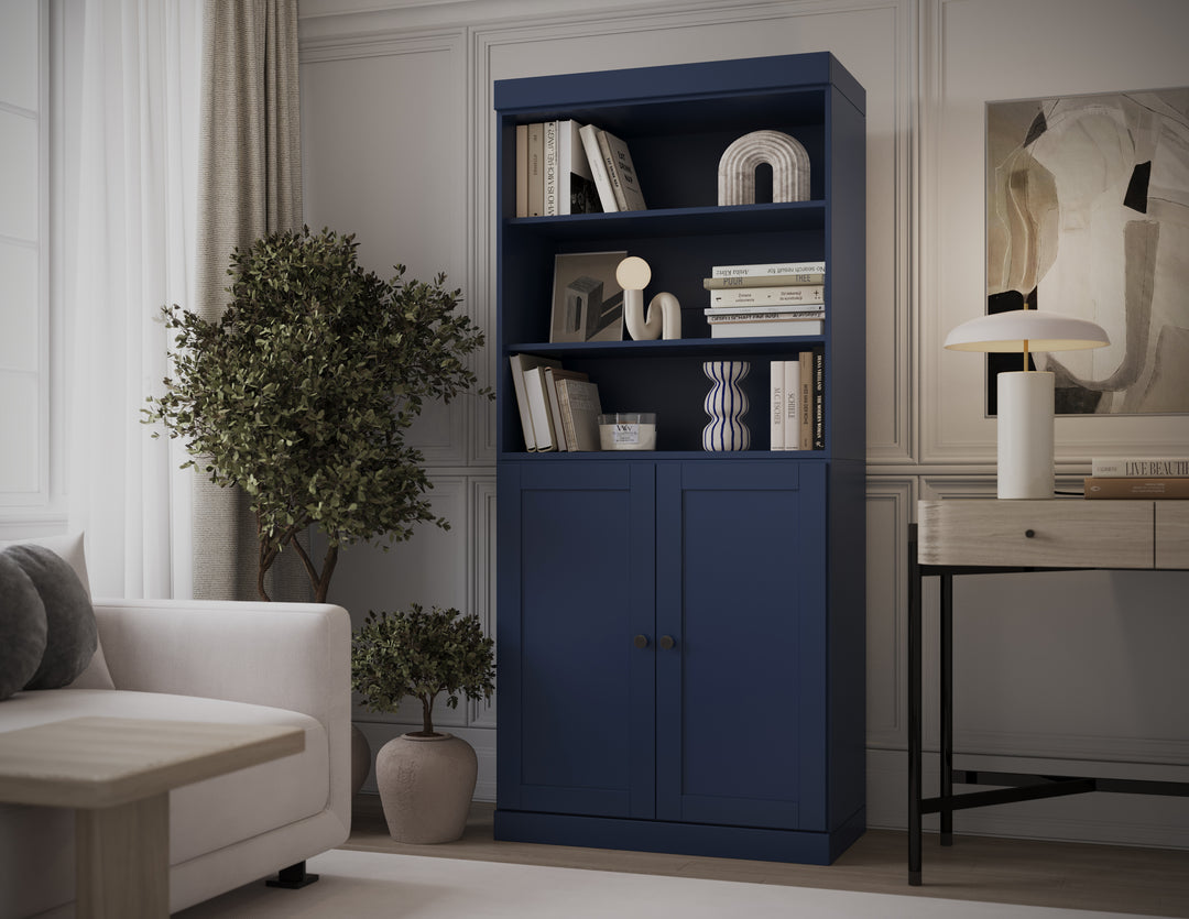 100% Solid Wood 6-Shelf 32" Bookcase Cabinet, 2 Solid Shaker Wood Doors, Adjustable Shelves