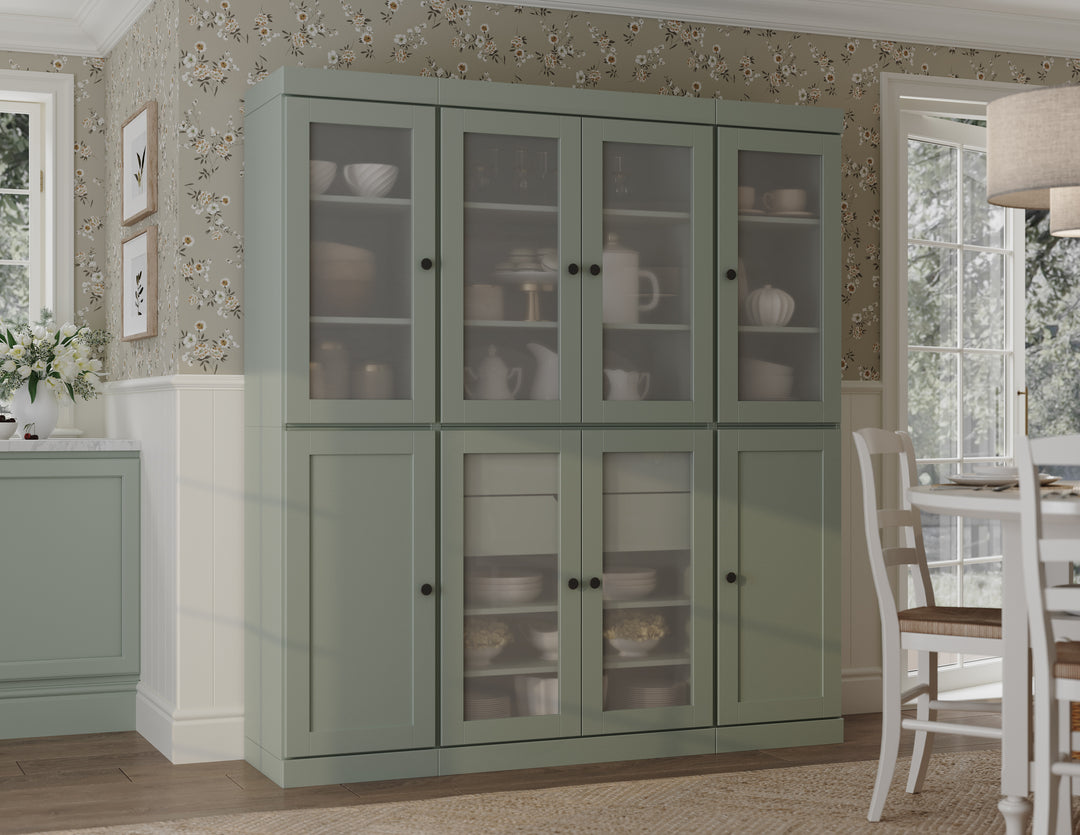 100% Solid Brazilian Pine Wood 65" Pantry Cabinet with Frosted Glass, Shaker Doors, 2-Drawers and Adjustable Shelves