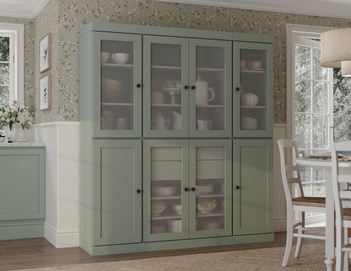 100% Solid Brazilian Pine Wood 65" Pantry Cabinet with Frosted Glass, Shaker Doors, 2-Drawers and Adjustable Shelves