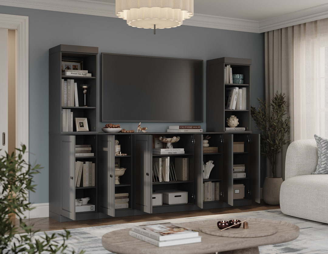 100% Solid Wood 7-Piece Entertainment Center Wall Unit with Storage, Open Cabinets & Raised Panel Doors, Adjustable Shelves, 98" W x 71.5" H