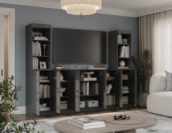 100% Solid Wood 7-Piece Entertainment Center Wall Unit with Storage, Open Cabinets & Raised Panel Doors, Adjustable Shelves, 98" W x 71.5" H
