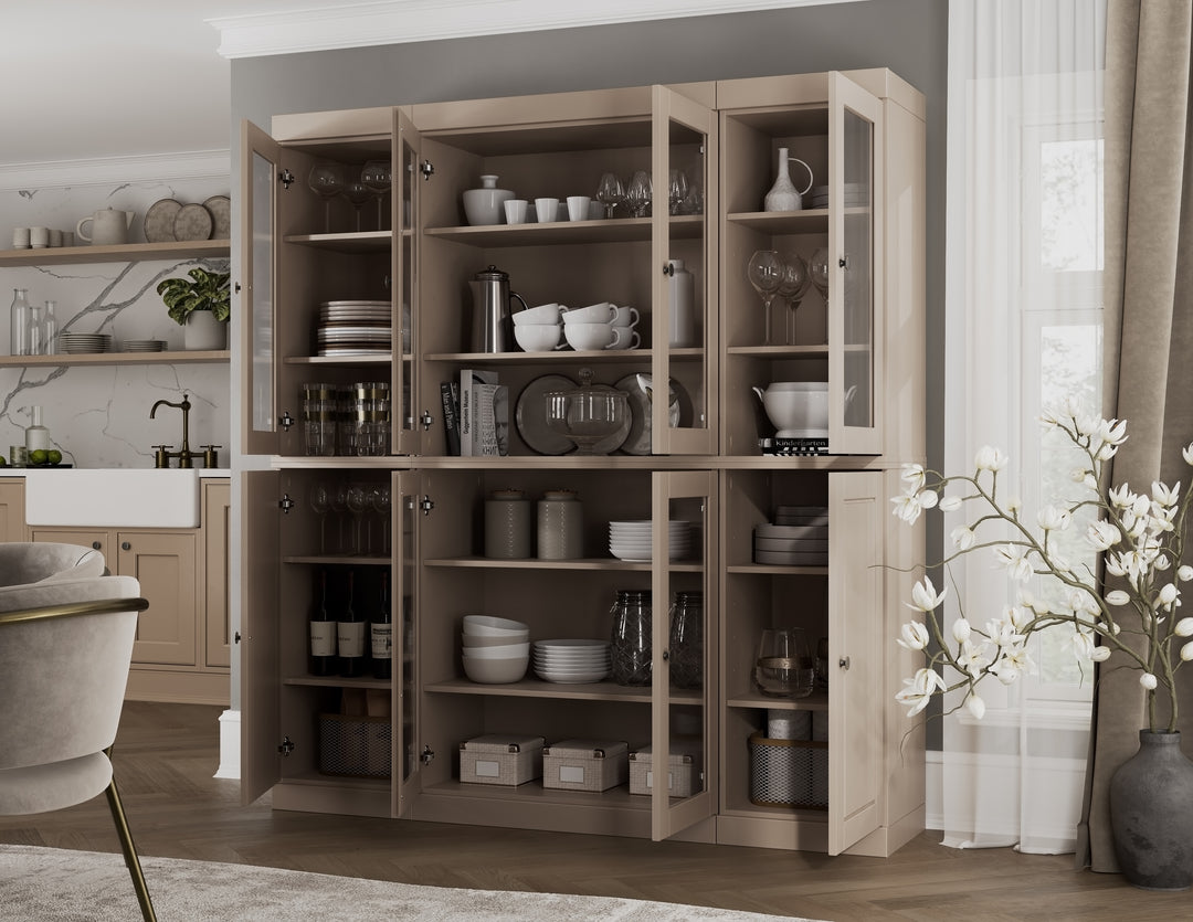 100% Solid Wood 65" China Pantry Cabinet, 6 Clear Glass, 2 Raised Panel Wood Doors