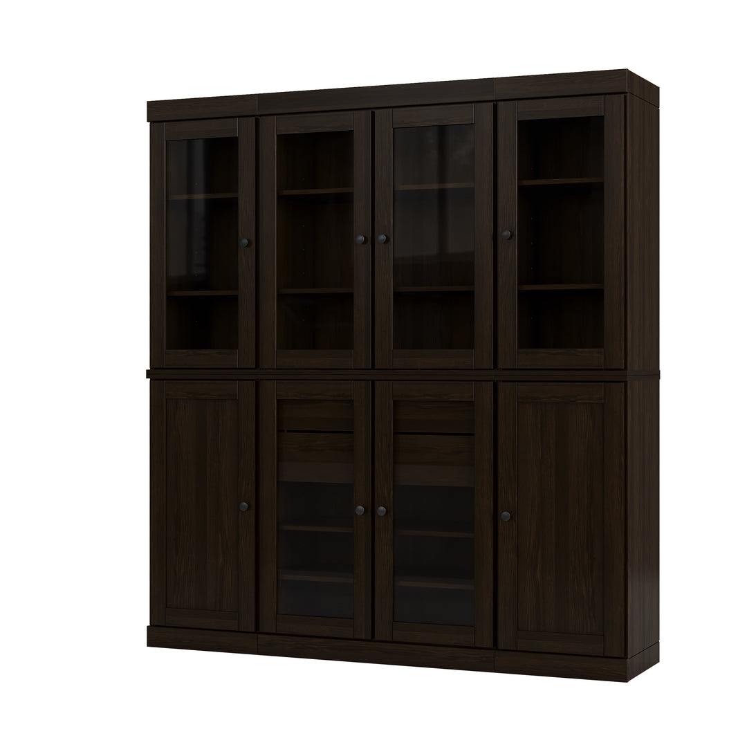 100% Solid Brazilian Pine Wood Pantry China Cabinet, Clear Glass & Shaker Doors, 2 Drawers, Adjustable Shelves, 65" Wide, 71.5" Tall