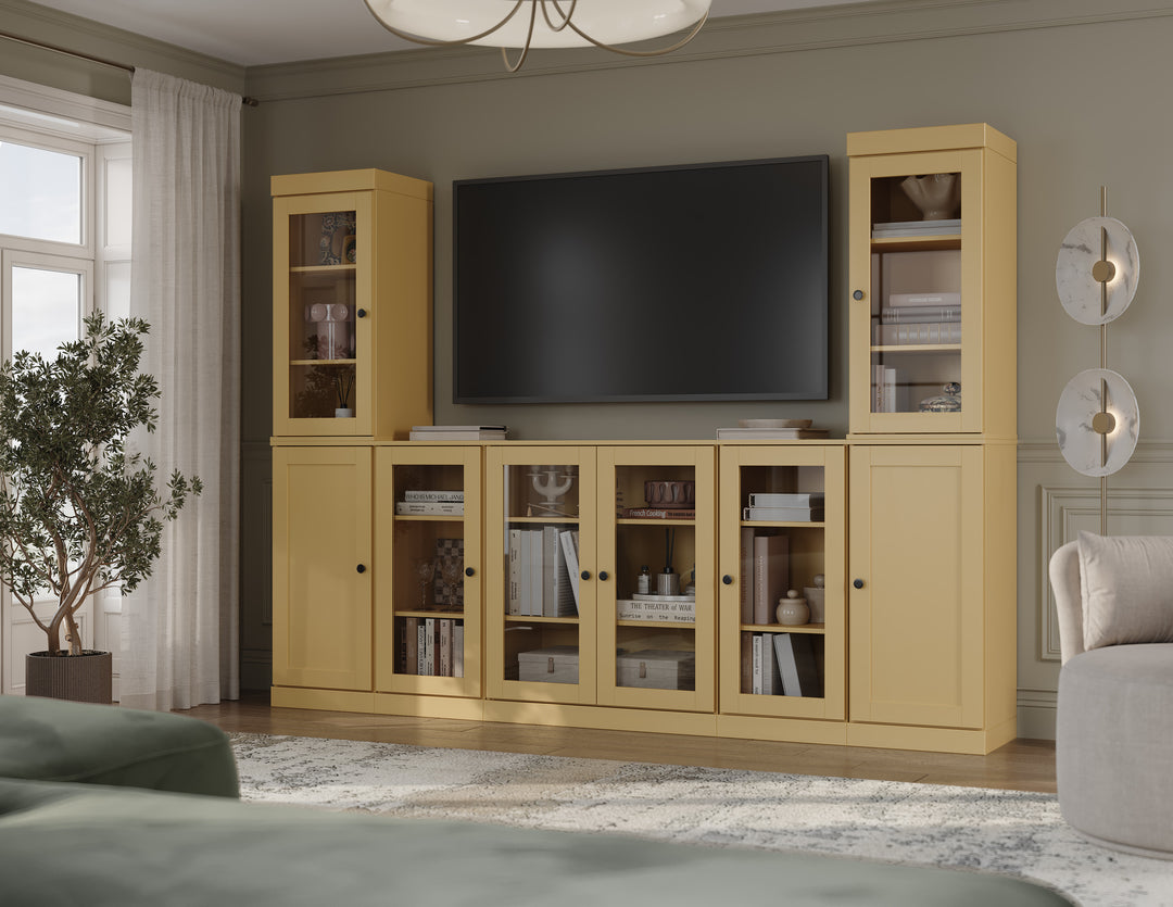 100% Solid Wood 7-Piece Entertainment Center Wall Unit with Storage, Glass & Shaker Doors, Adjustable Shelves, 98" W x 71.5" H