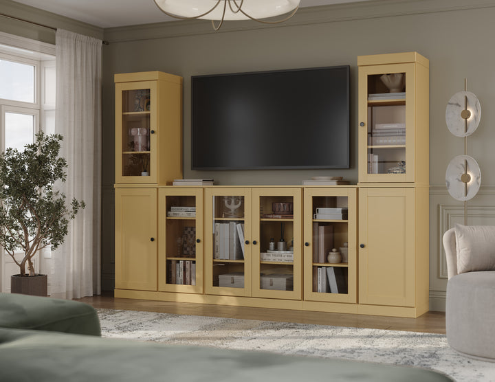 100% Solid Wood 7-Piece Entertainment Center Wall Unit with Storage, Glass & Shaker Doors, Adjustable Shelves, 98" W x 71.5" H
