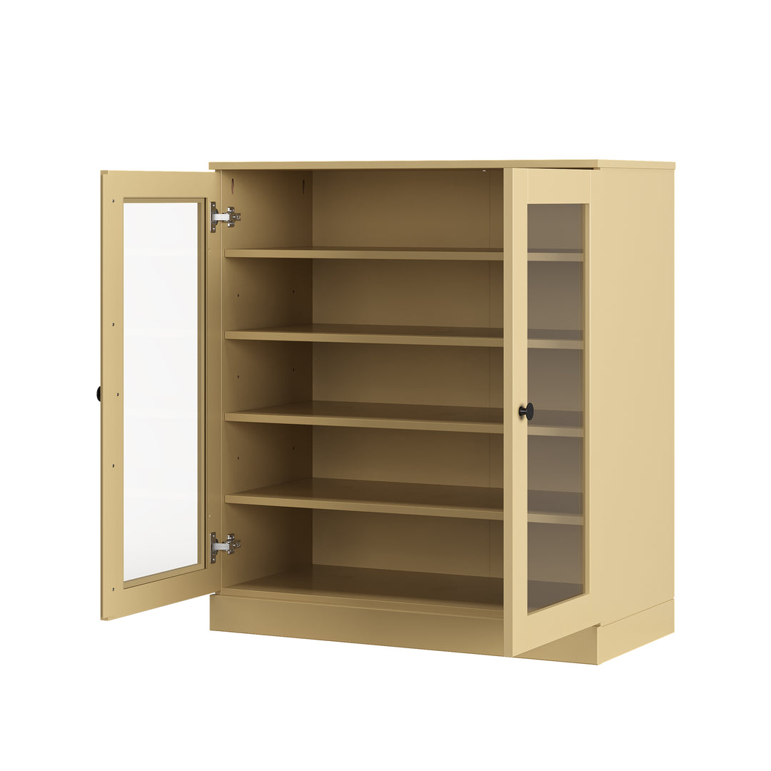 100% Solid Wood Glass Door Shoe Storage Cabinet with Adjustable Shelves, Space Saving Stackable Entryway Organizer, 32" W x 35.75" H