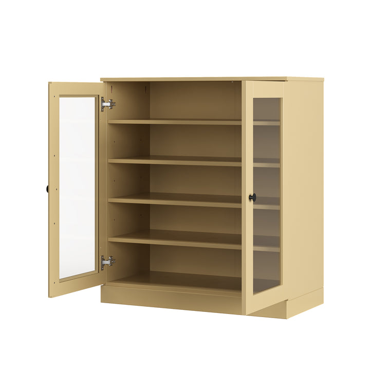 100% Solid Wood Glass Door Shoe Storage Cabinet with Adjustable Shelves, Space Saving Stackable Entryway Organizer, 32" W x 35.75" H