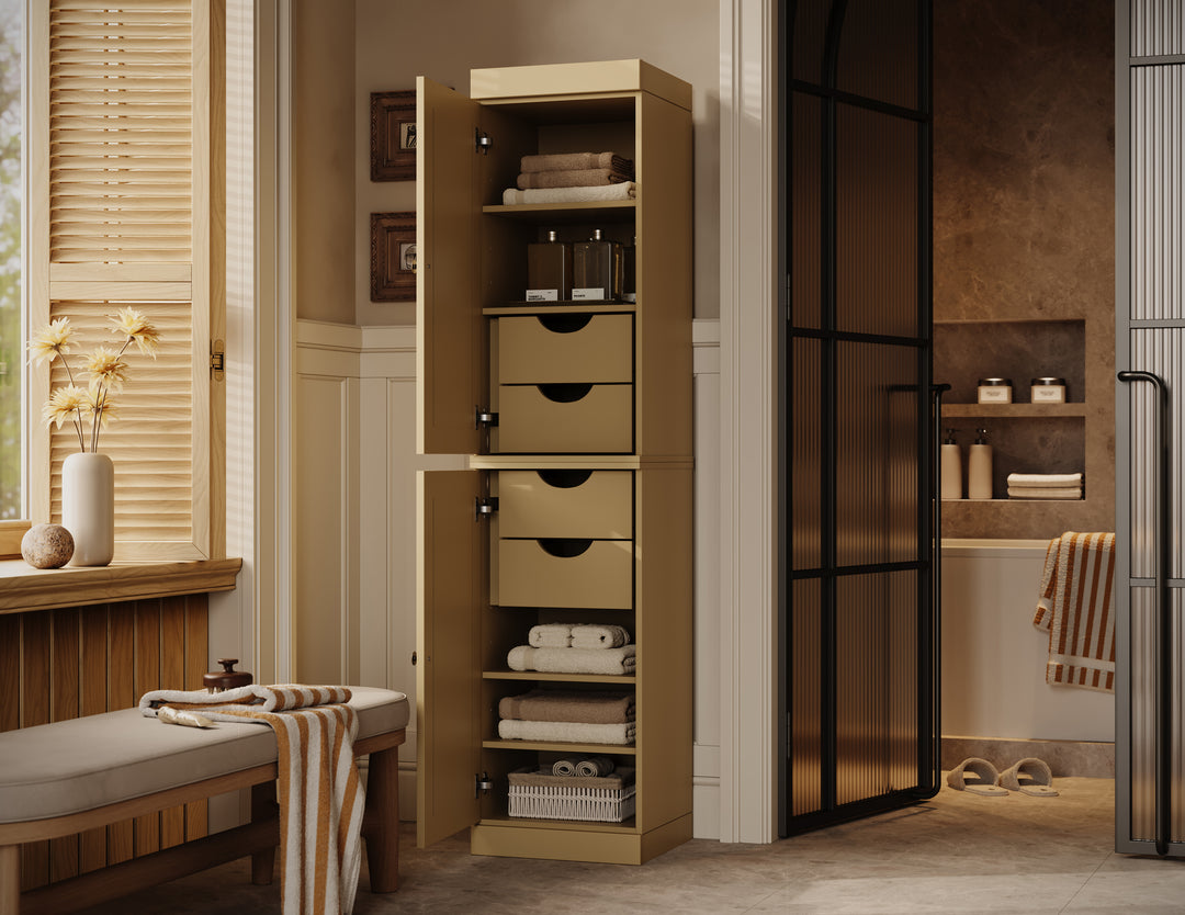 100% Solid Wood Bathroom Storage Cabinet, Raised Panel Doors, 4 Drawers, Adjustable Shelves, 16.5" Wide, 71.5" Tall