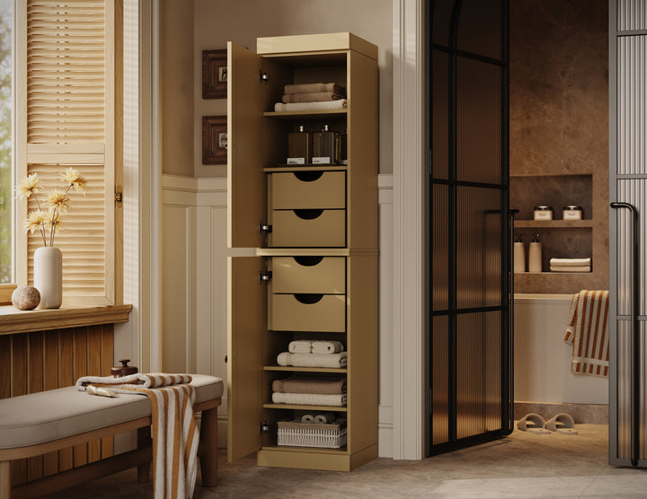 100% Solid Wood Bathroom Storage Cabinet, Raised Panel Doors, 4 Drawers, Adjustable Shelves, 16.5" Wide, 71.5" Tall