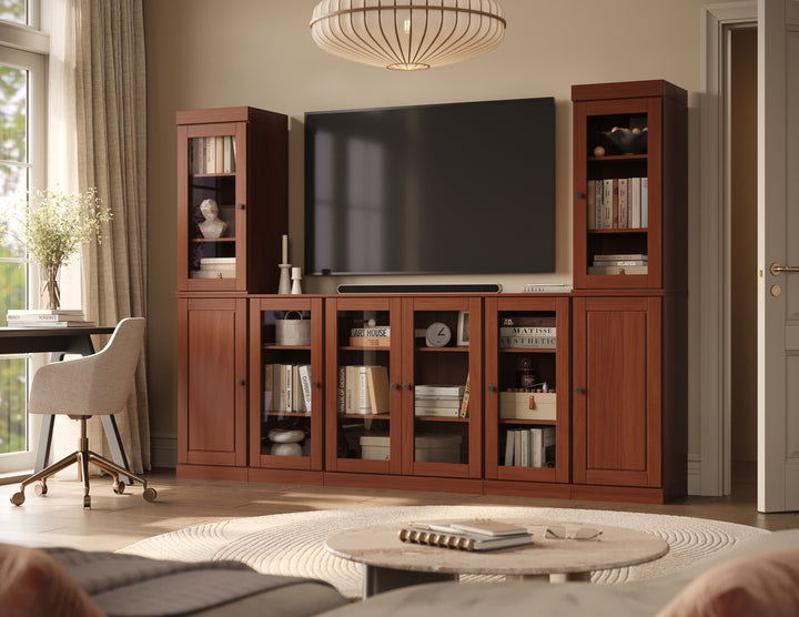 100% Solid Wood 7-Piece Entertainment Center Wall Unit with Storage, Glass & Raised Panel Doors, Adjustable Shelves, 98" W x 71.5" H
