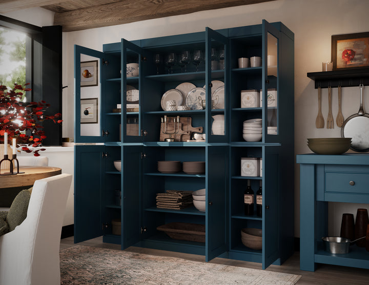 100% Solid Wood 65" China Pantry Cabinet, 4 Clear Glass, 4 Shaker Wood Doors