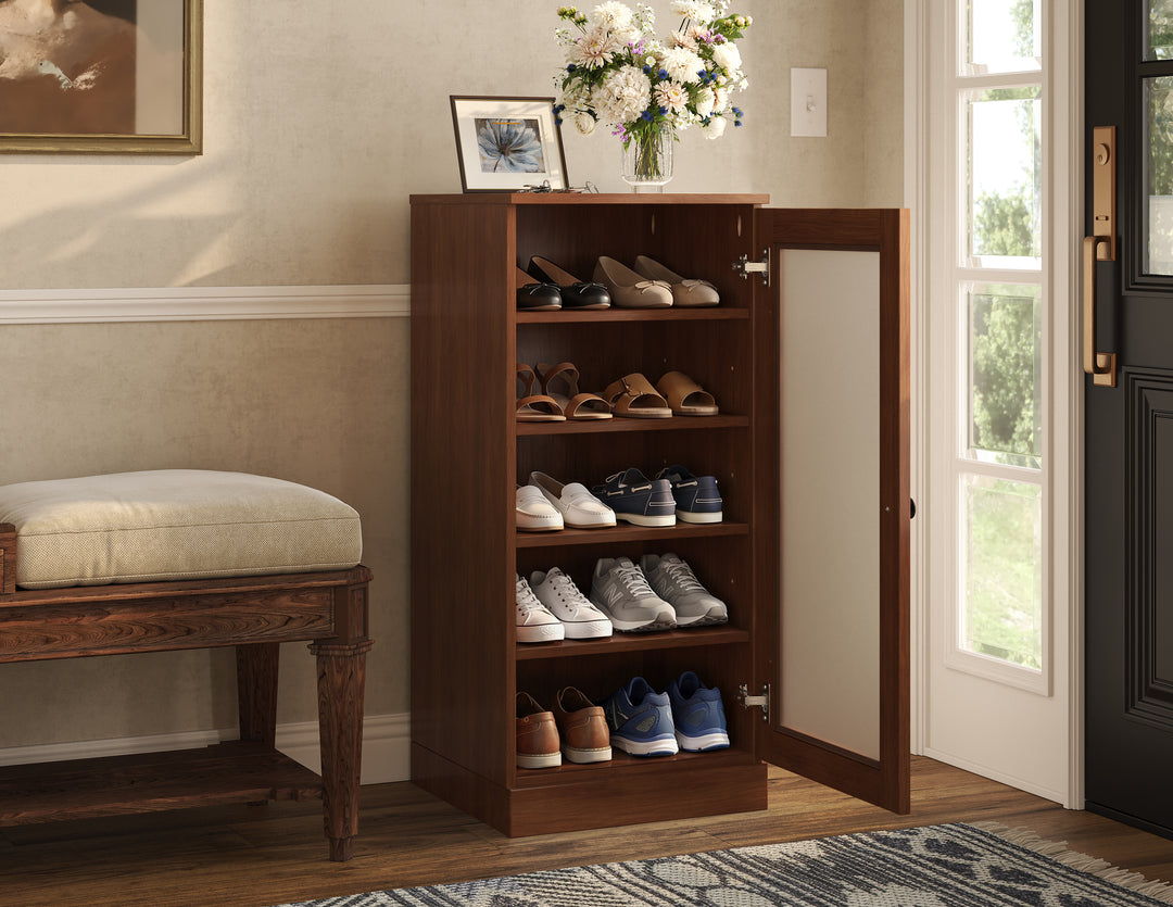 100% Solid Wood Narrow Frosted Glass Door Shoe Storage Cabinet with Adjustable Shelves, Space Saving Stackable Organizer, 16.5" W x 35.75" H