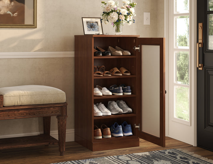 100% Solid Wood Narrow Frosted Glass Door Shoe Storage Cabinet with Adjustable Shelves, Space Saving Stackable Organizer, 16.5" W x 35.75" H