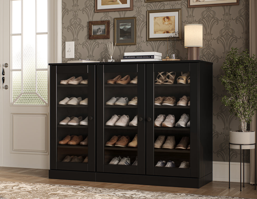 100% Solid Wood Glass Door Shoe Storage Cabinet, Adjustable Shelves, Space Saving Modular Entryway Organizer, 48.5" W x 35.75" H