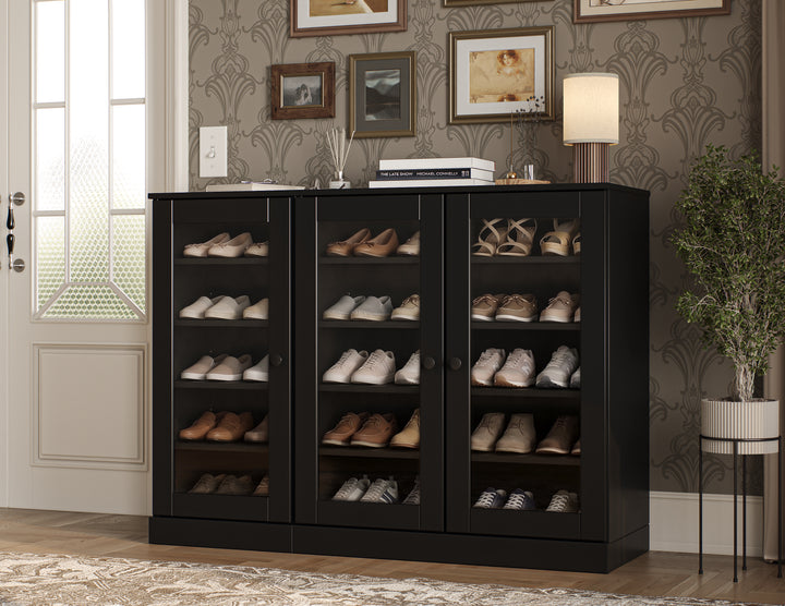 100% Solid Wood Glass Door Shoe Storage Cabinet, Adjustable Shelves, Space Saving Modular Entryway Organizer, 48.5" W x 35.75" H
