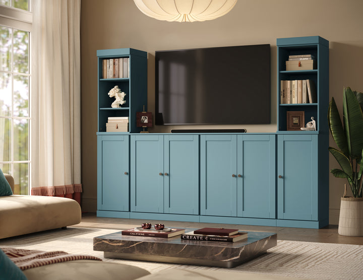 100% Solid Wood 6-Piece Entertainment Center Wall Unit with Storage, Open Cabinets & Shaker Doors, Adjustable Shelves, 97" W x 71.5" H