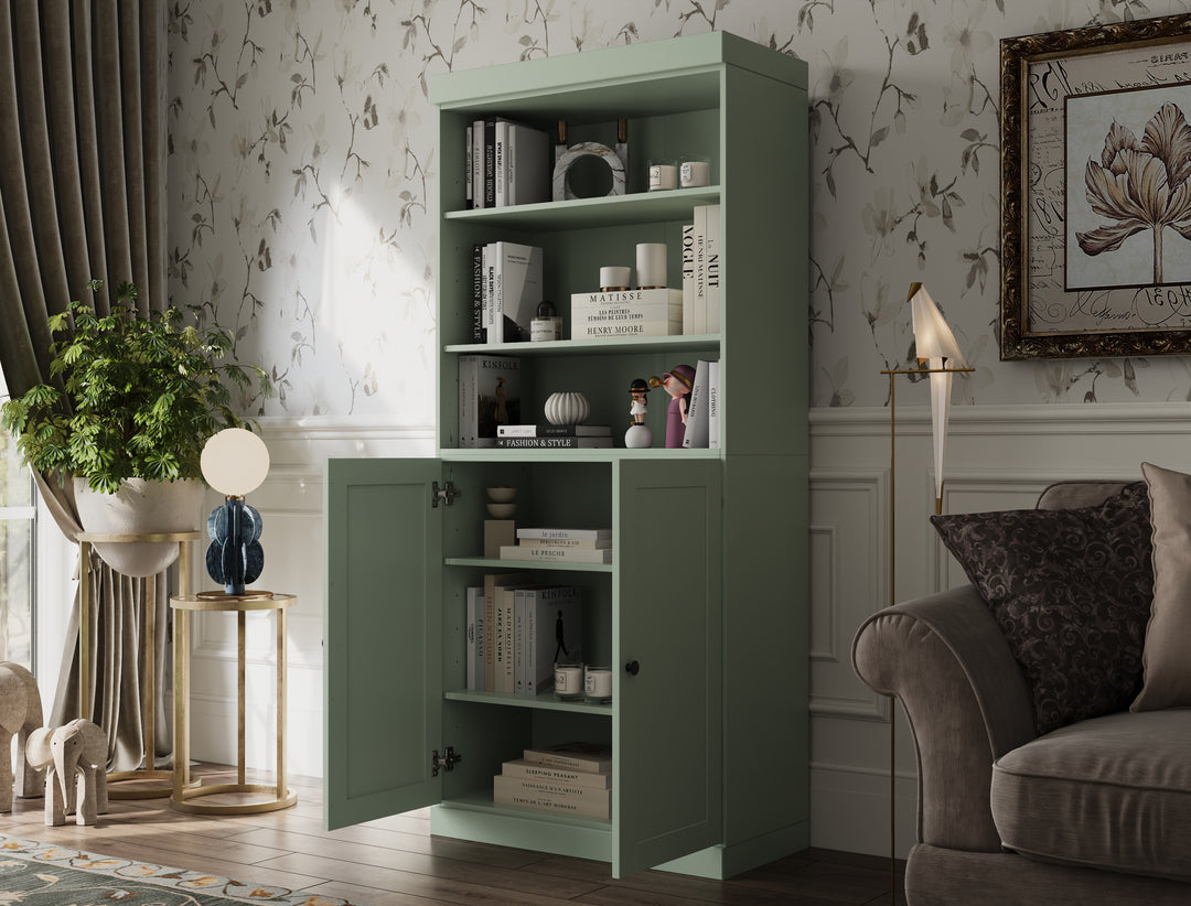 100% Solid Wood 6-Shelf 32" Bookcase Cabinet, 2 Solid Shaker Wood Doors, Adjustable Shelves